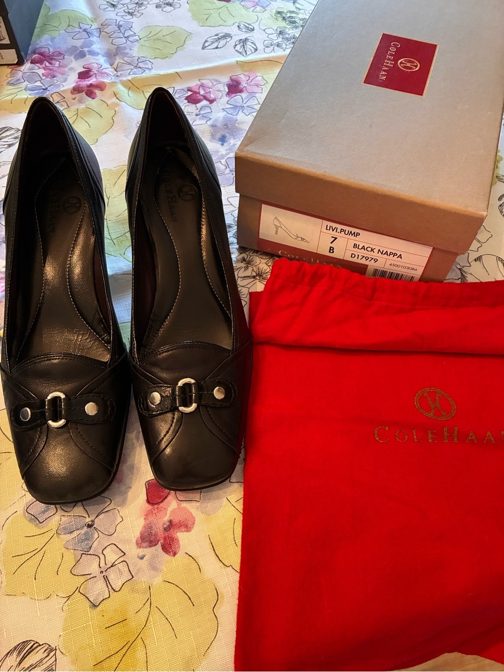Cole Haan Black Leather Livi Heels with Silver Buckle Accent